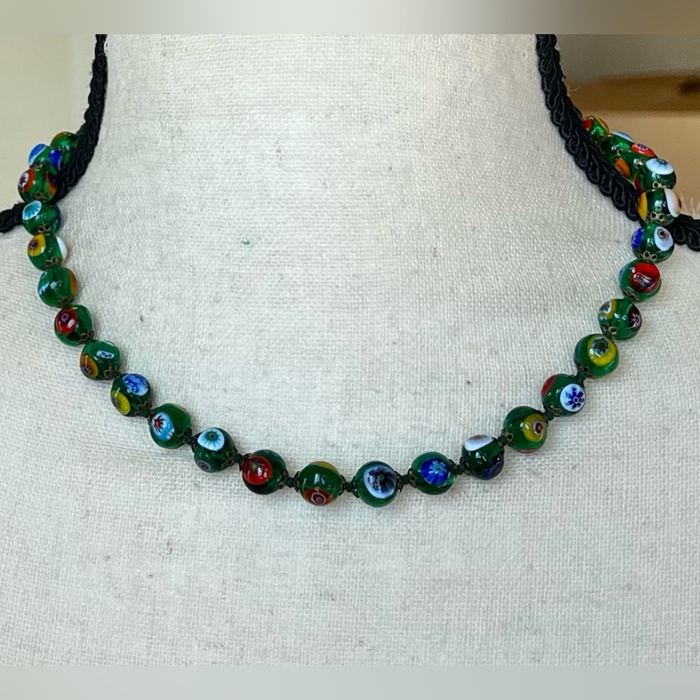 Necklace green millefiori 16 3/4” gold tone lobsterclaw, vintage (GUC) - jewelry